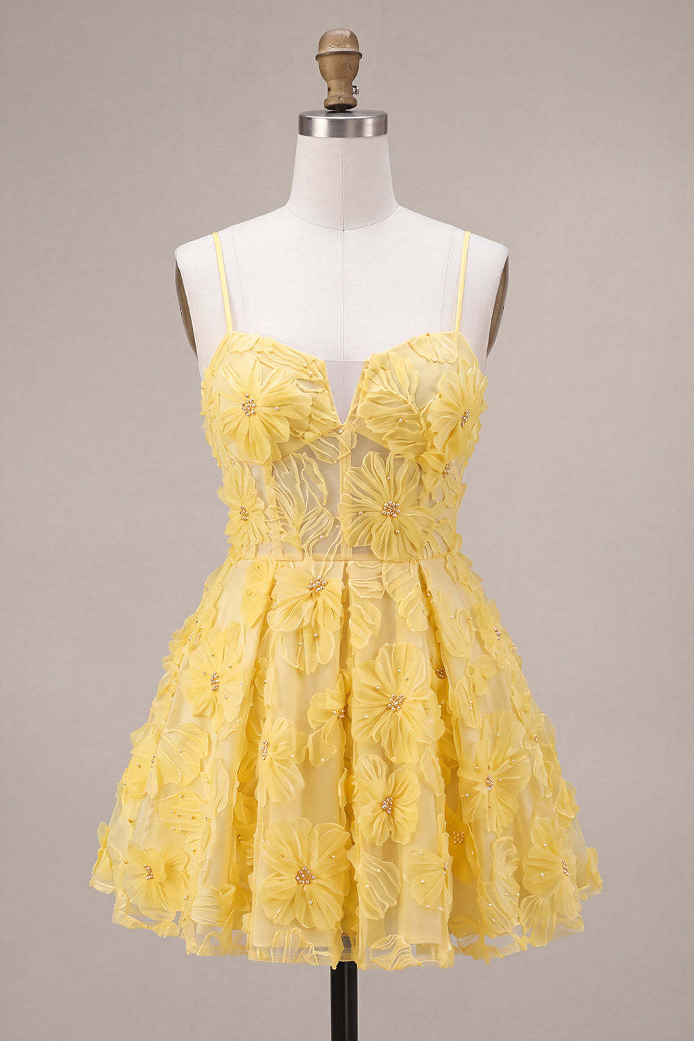 Yellow Floral A-Line Spaghetti Straps Mini Homecoming Dress with Pearls
