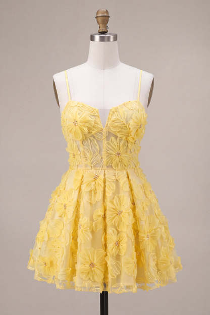 Yellow Floral A-Line Spaghetti Straps Mini Homecoming Dress with Pearls
