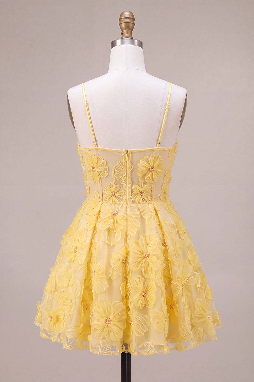 Yellow Floral A-Line Spaghetti Straps Mini Homecoming Dress with Pearls