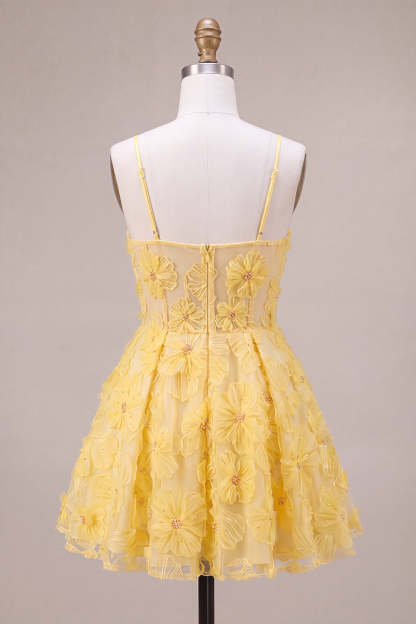 Yellow Floral A-Line Spaghetti Straps Mini Homecoming Dress with Pearls