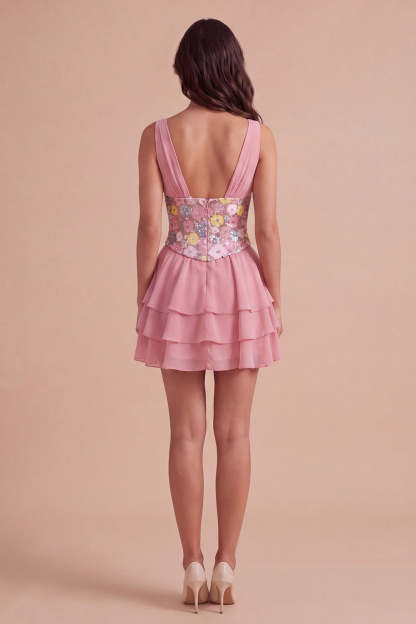 Pink Floral V-Neck Ruffled Mini Homecoming Dress with Sequins