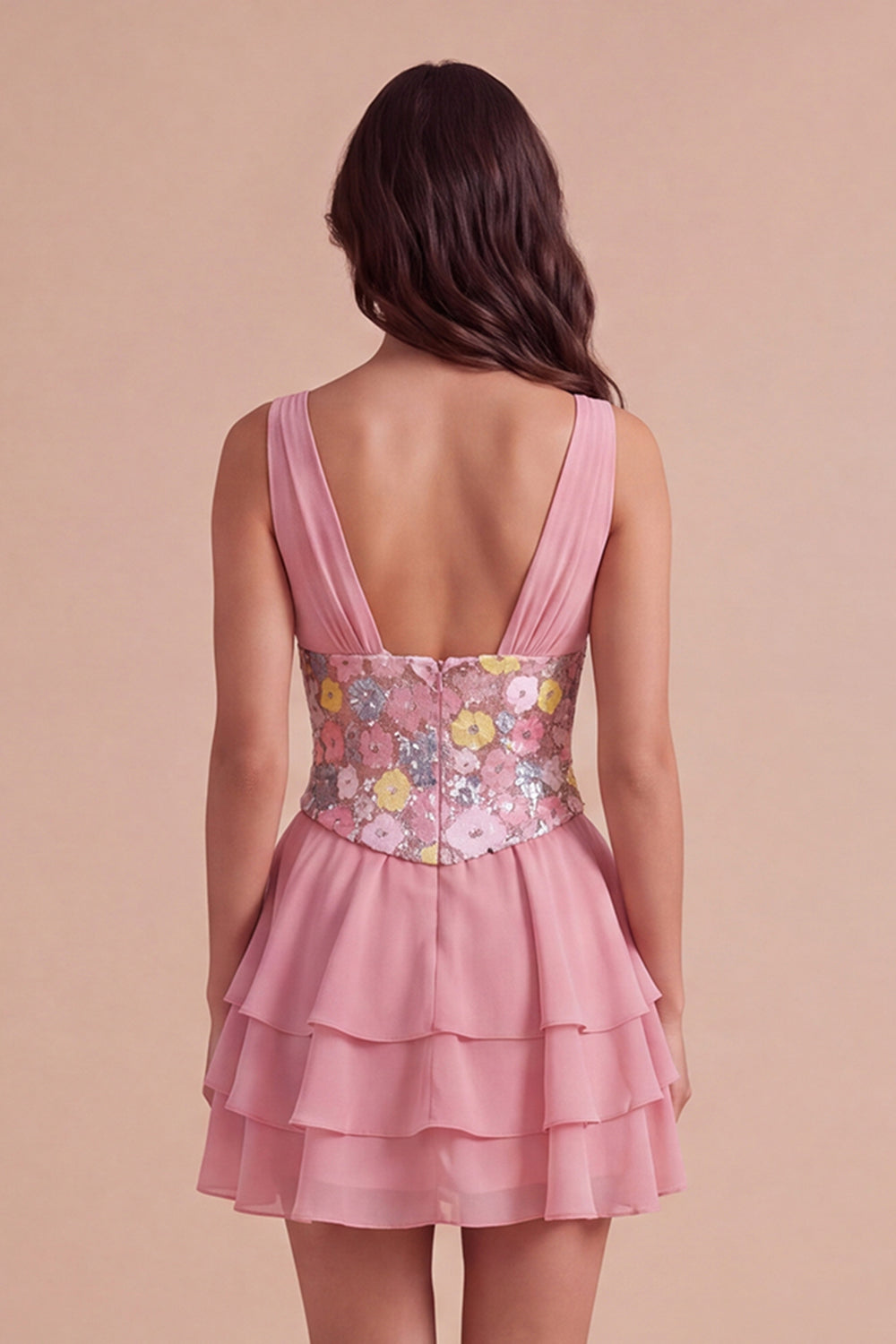 Pink Floral V-Neck Ruffled Mini Homecoming Dress with Sequins