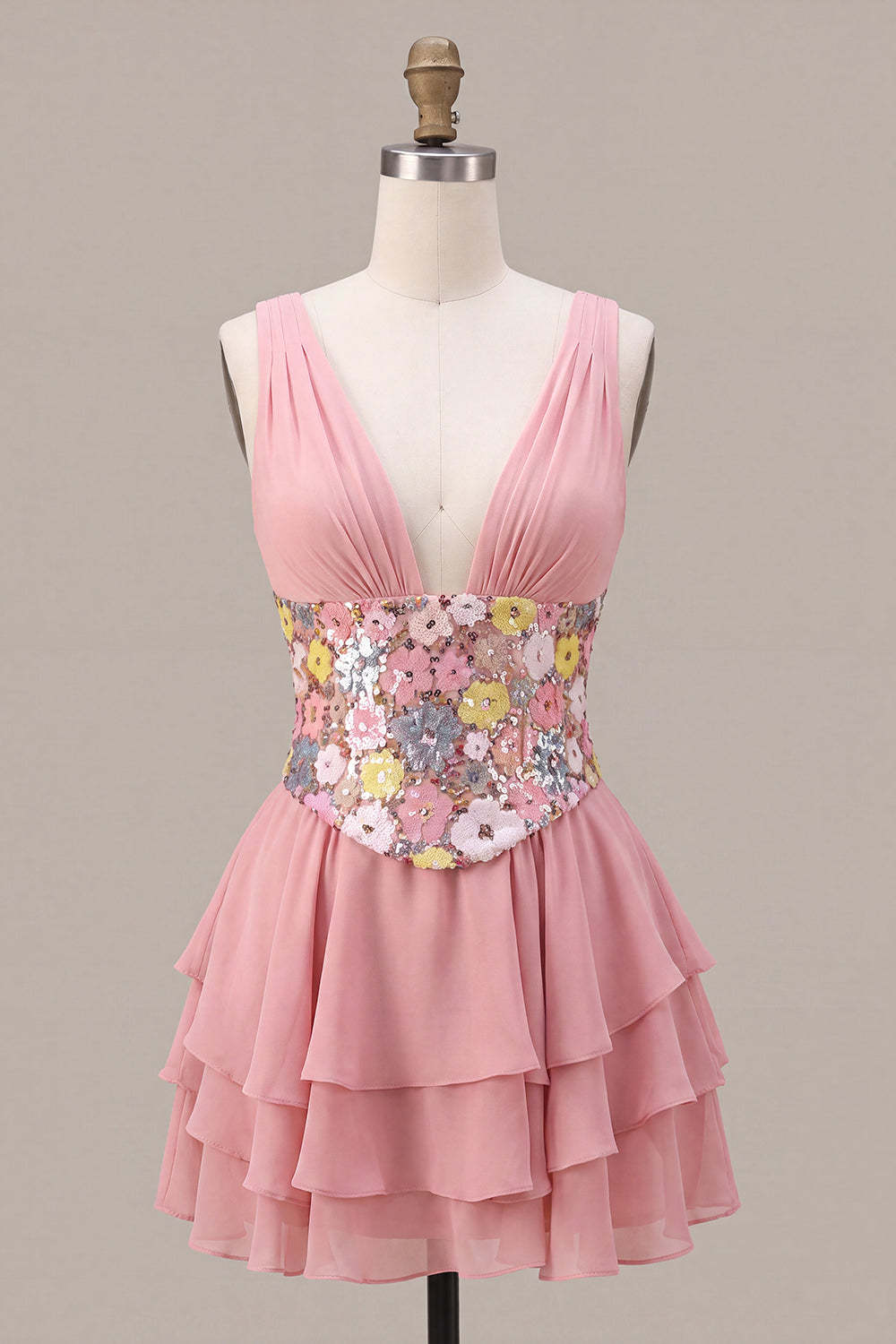 Pink Floral V-Neck Ruffled Mini Homecoming Dress with Sequins