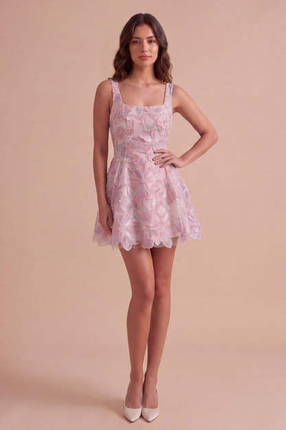 Lilac A-Line Square Neck Floral Short Homecoming Dress with Pearls