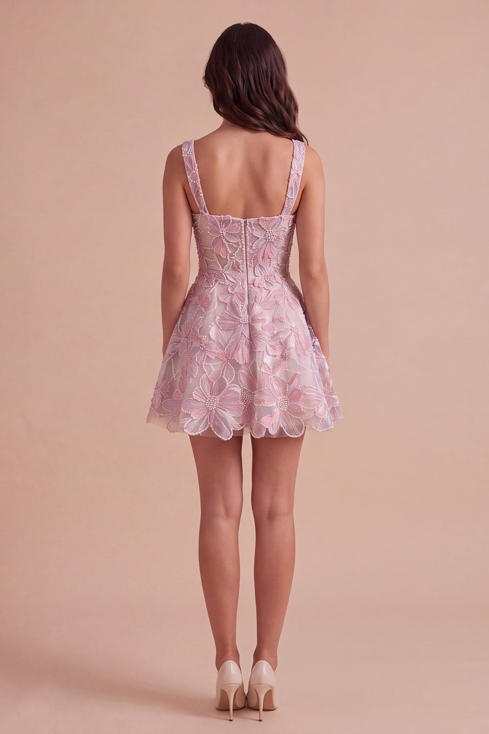 Lilac A-Line Square Neck Floral Short Homecoming Dress with Pearls