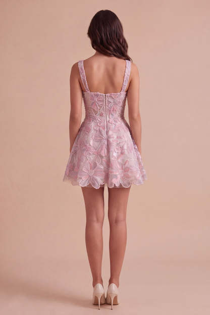 Lilac A-Line Square Neck Floral Short Homecoming Dress with Pearls