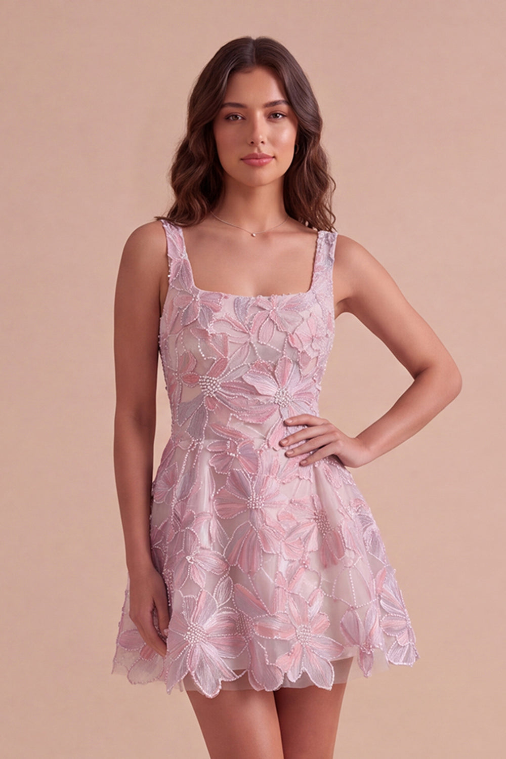 Leely Women Lilac Short Homecoming Dress with Pearls A-Line Square Neck Floral Cocktail Dress