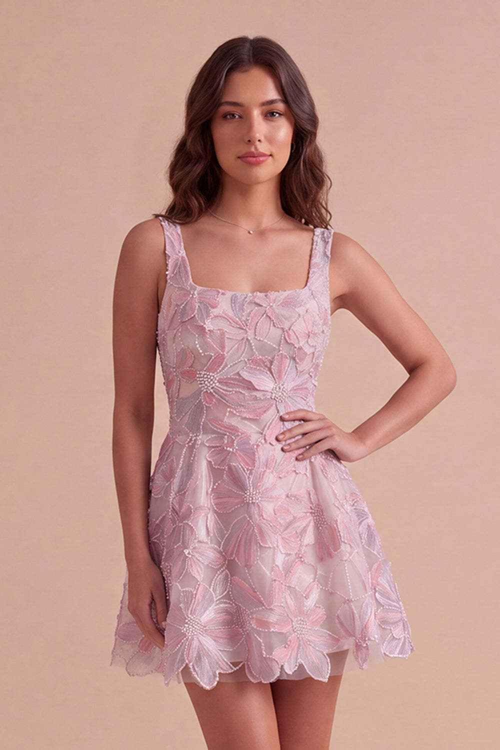Leely Women Lilac Short Homecoming Dress with Pearls A-Line Square Neck Floral Cocktail Dress