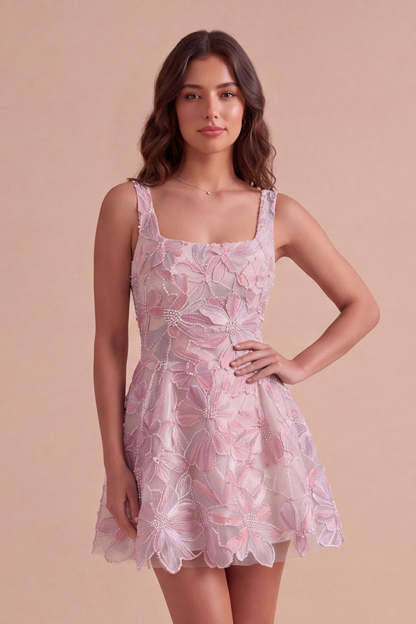 Leely Women Lilac Short Homecoming Dress with Pearls A-Line Square Neck Floral Cocktail Dress