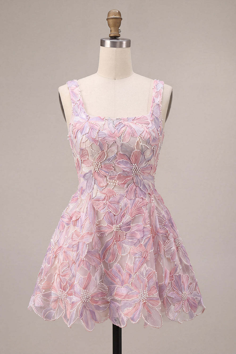 Lilac A-Line Square Neck Floral Short Homecoming Dress with Pearls