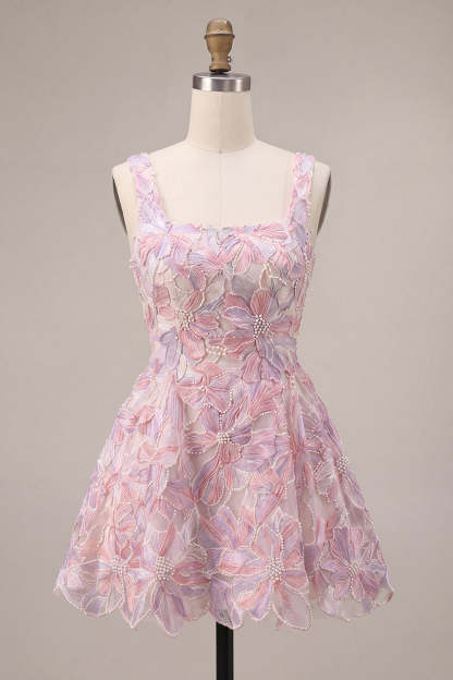 Lilac A-Line Square Neck Floral Short Homecoming Dress with Pearls
