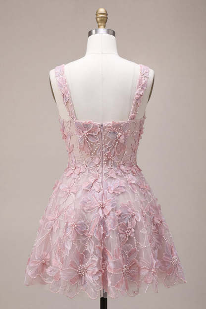 Lilac A-Line Square Neck Floral Short Homecoming Dress with Pearls