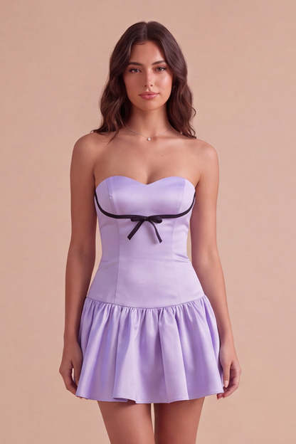Leely Women Lilac Satin Mini Homecoming Dress A-Line Sweetheart Cocktail Dress with Bow