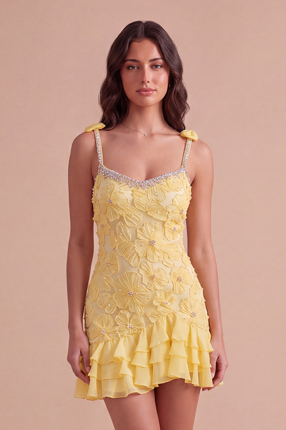 Leely Women Yellow Floral Mini Homecoming Dress with Bows Bodycon Spaghetti Straps Ruffled Cocktail Dress with Pearls