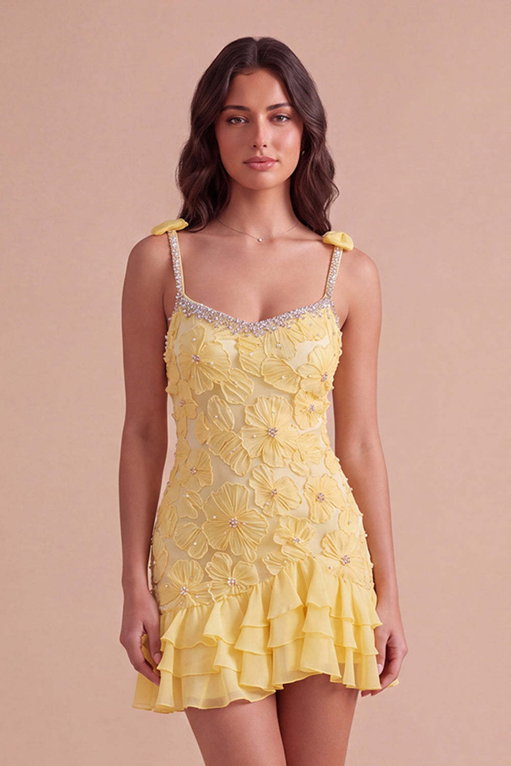 Leely Women Yellow Floral Mini Homecoming Dress with Bows Bodycon Spaghetti Straps Ruffled Cocktail Dress with Pearls
