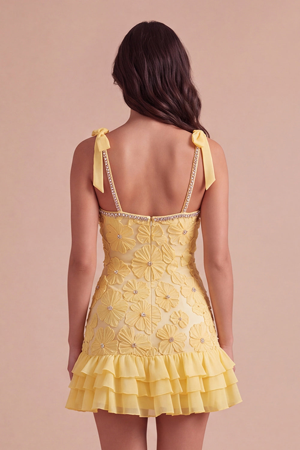 Sparkly Yellow Bodycon Ruffled Short Homecoming Dress with Pearls