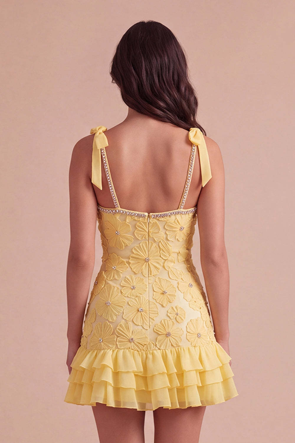 Sparkly Yellow Bodycon Ruffled Short Homecoming Dress with Pearls