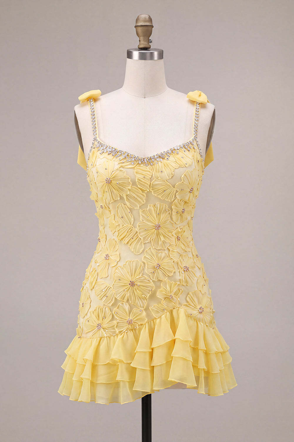 Sparkly Yellow Bodycon Ruffled Short Homecoming Dress with Pearls