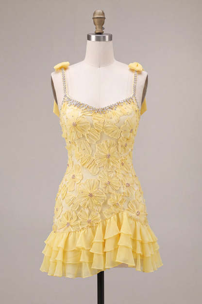 Sparkly Yellow Bodycon Ruffled Short Homecoming Dress with Pearls