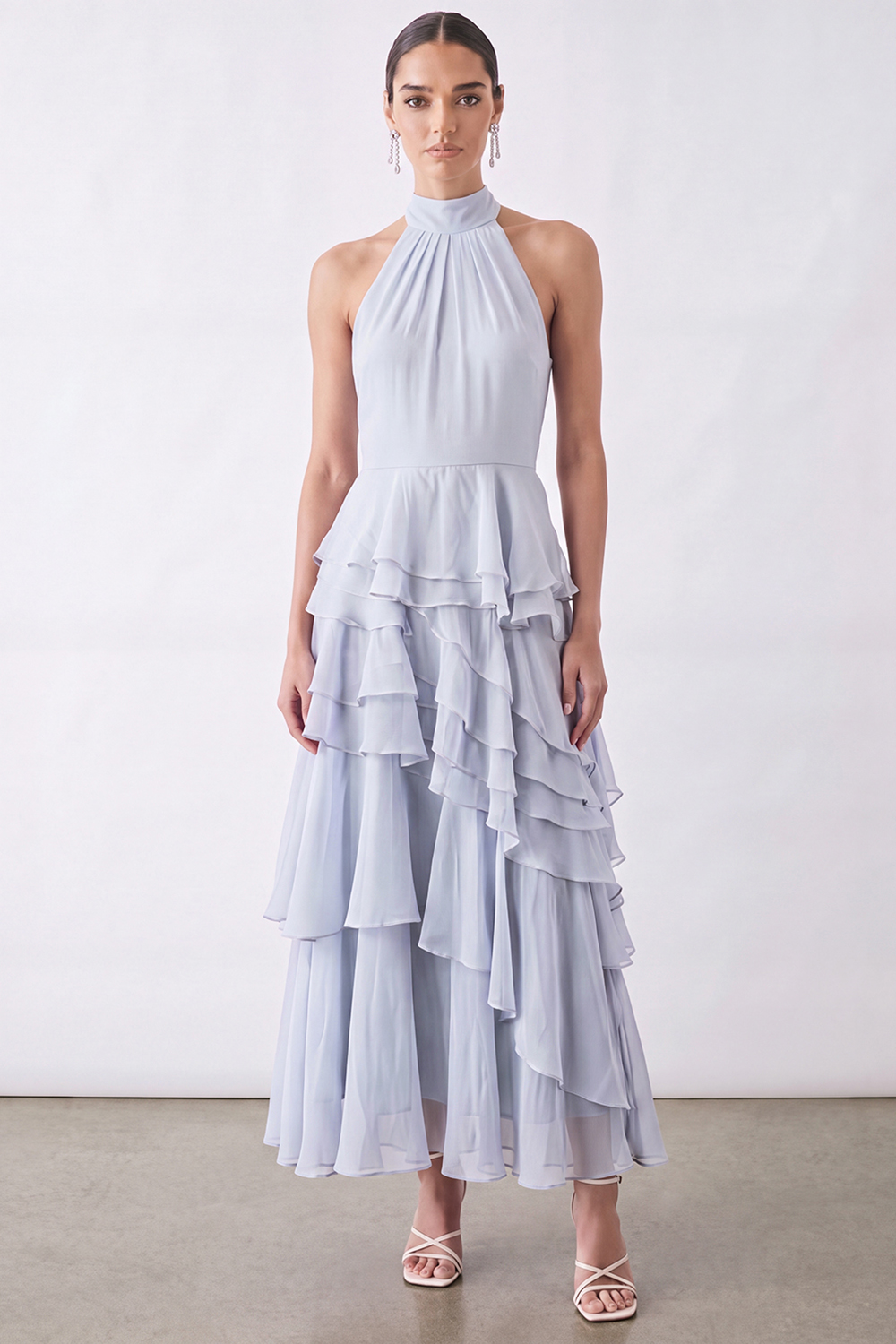 Light Blue Ruffled Halter Ruched Long Wedding Guest Dress