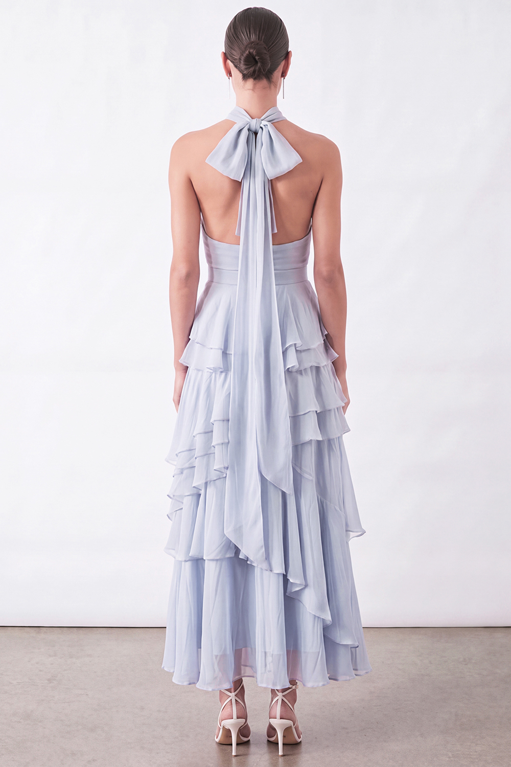 Light Blue Ruffled Halter Ruched Long Wedding Guest Dress