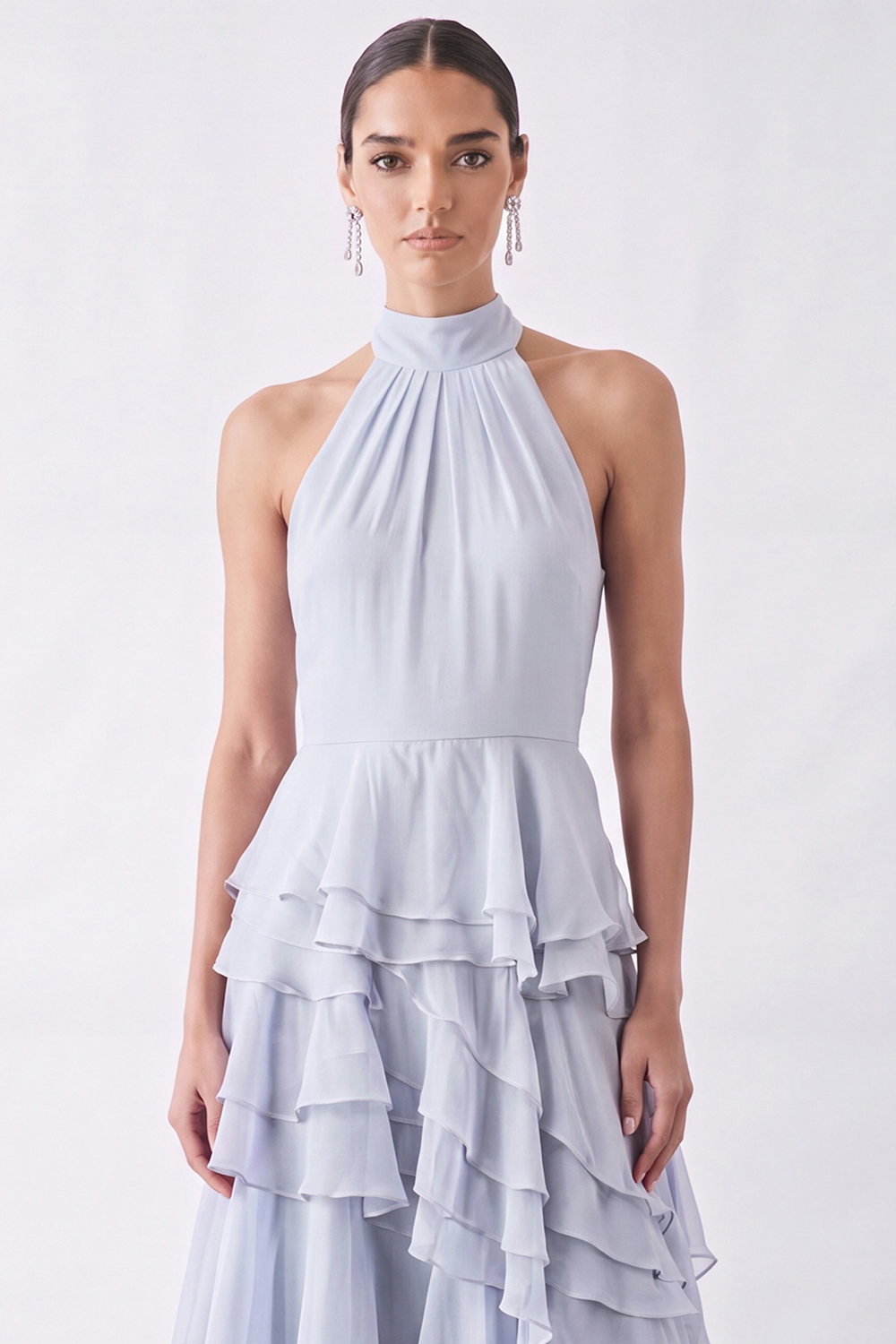 Light Blue Ruffled Halter Ruched Long Wedding Guest Dress