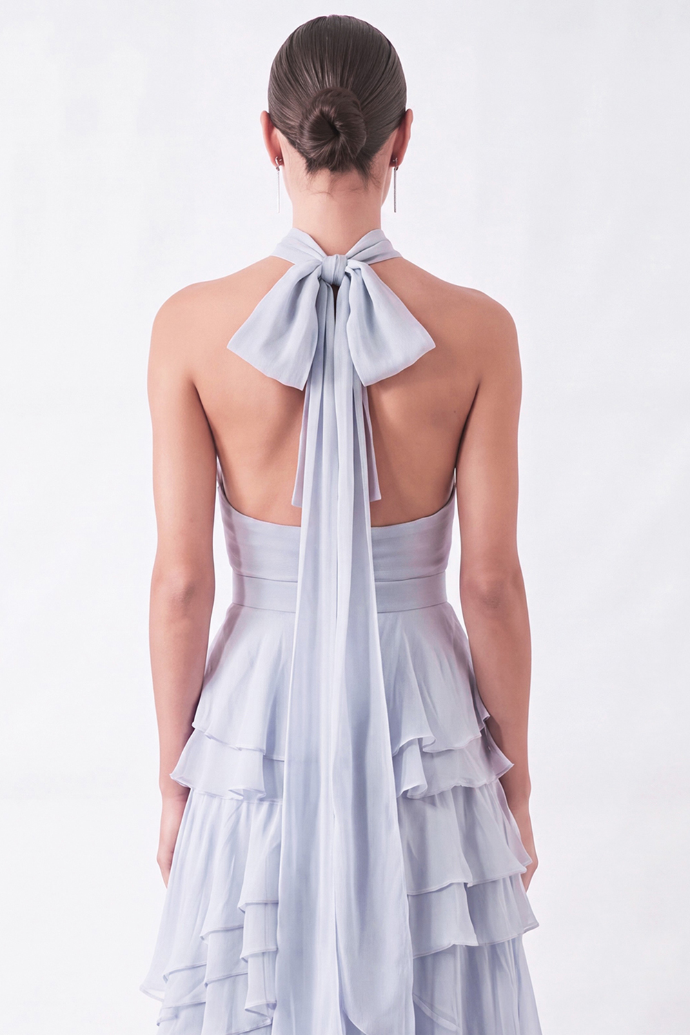 Light Blue Ruffled Halter Ruched Long Wedding Guest Dress