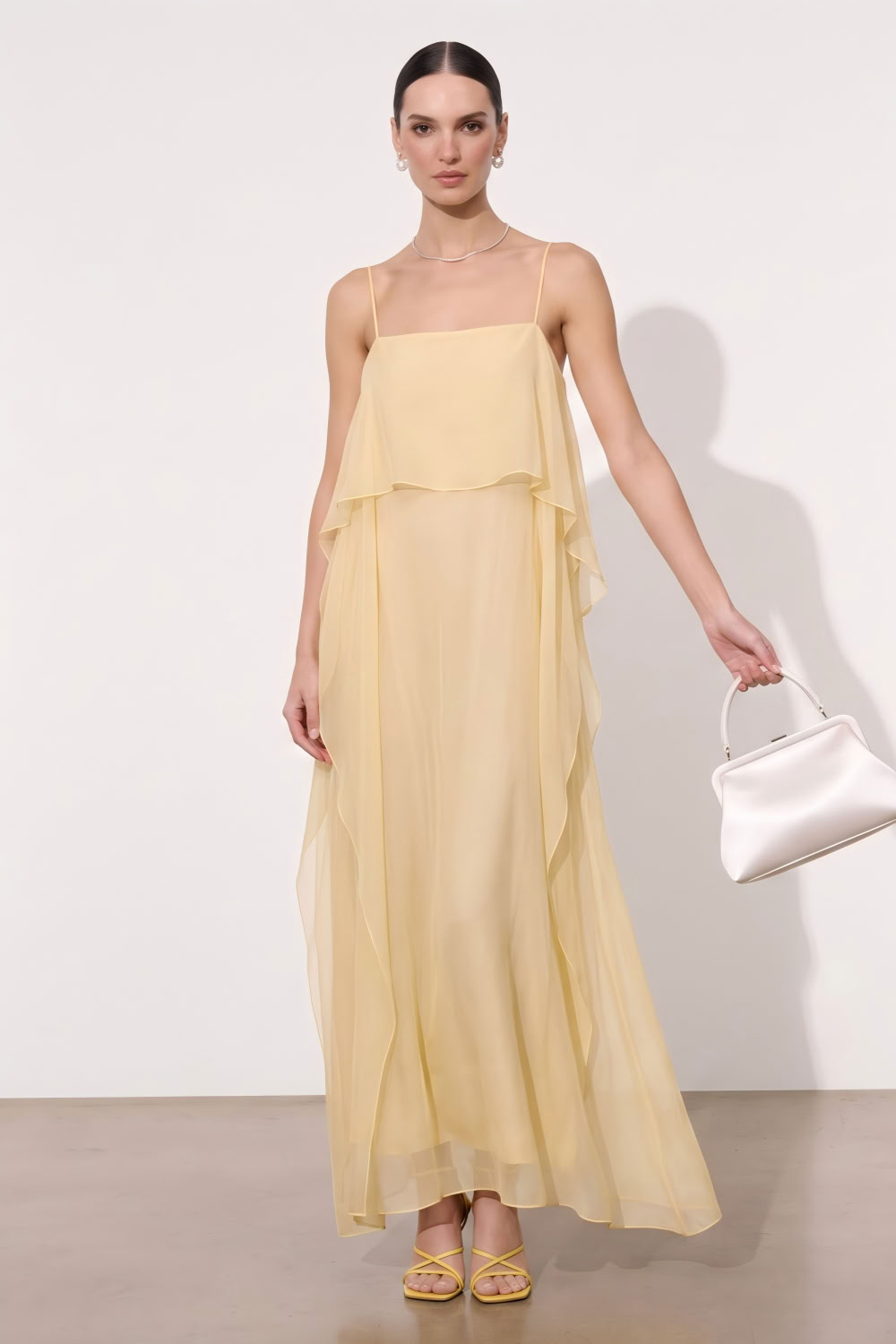 Champagne Ruffled A Line Long Wedding Guest Dress