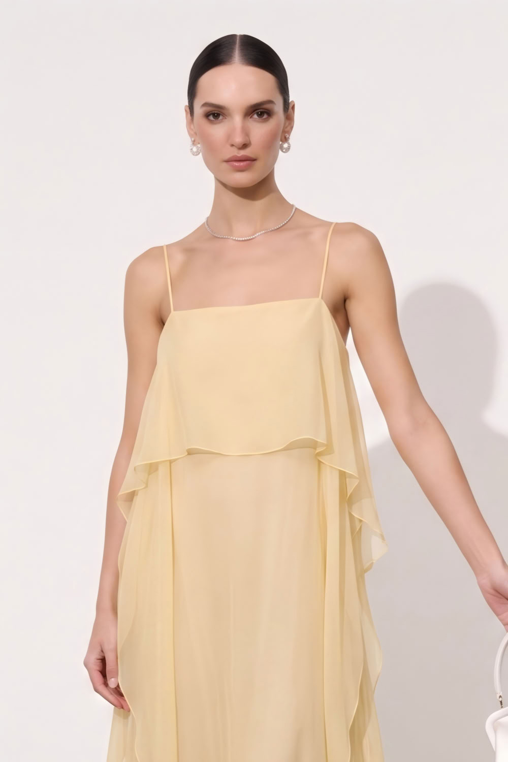 Champagne Ruffled A Line Long Wedding Guest Dress