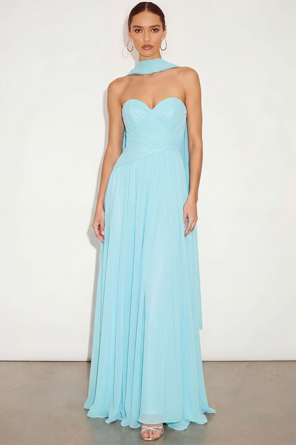 wedding guest dress with neck scarf Leely Women Lake Blue A Line Maxi Sweetheart Formal Dress The upper section has a curved lower edge at the front and a lace Neck Scarf Ballet Pink