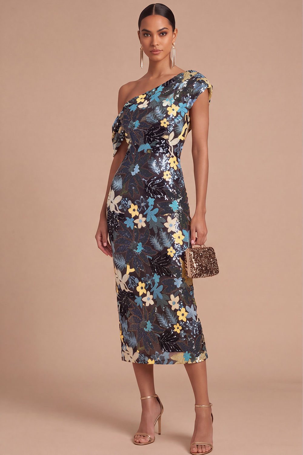 Floral Sparkly Sequins Black Asymmetrical Neck Mermaid Midi Formal Dress