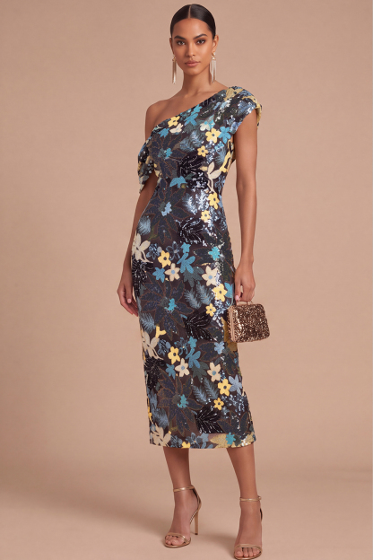 Floral Sparkly Sequins Black Asymmetrical Neck Mermaid Midi Formal Dress