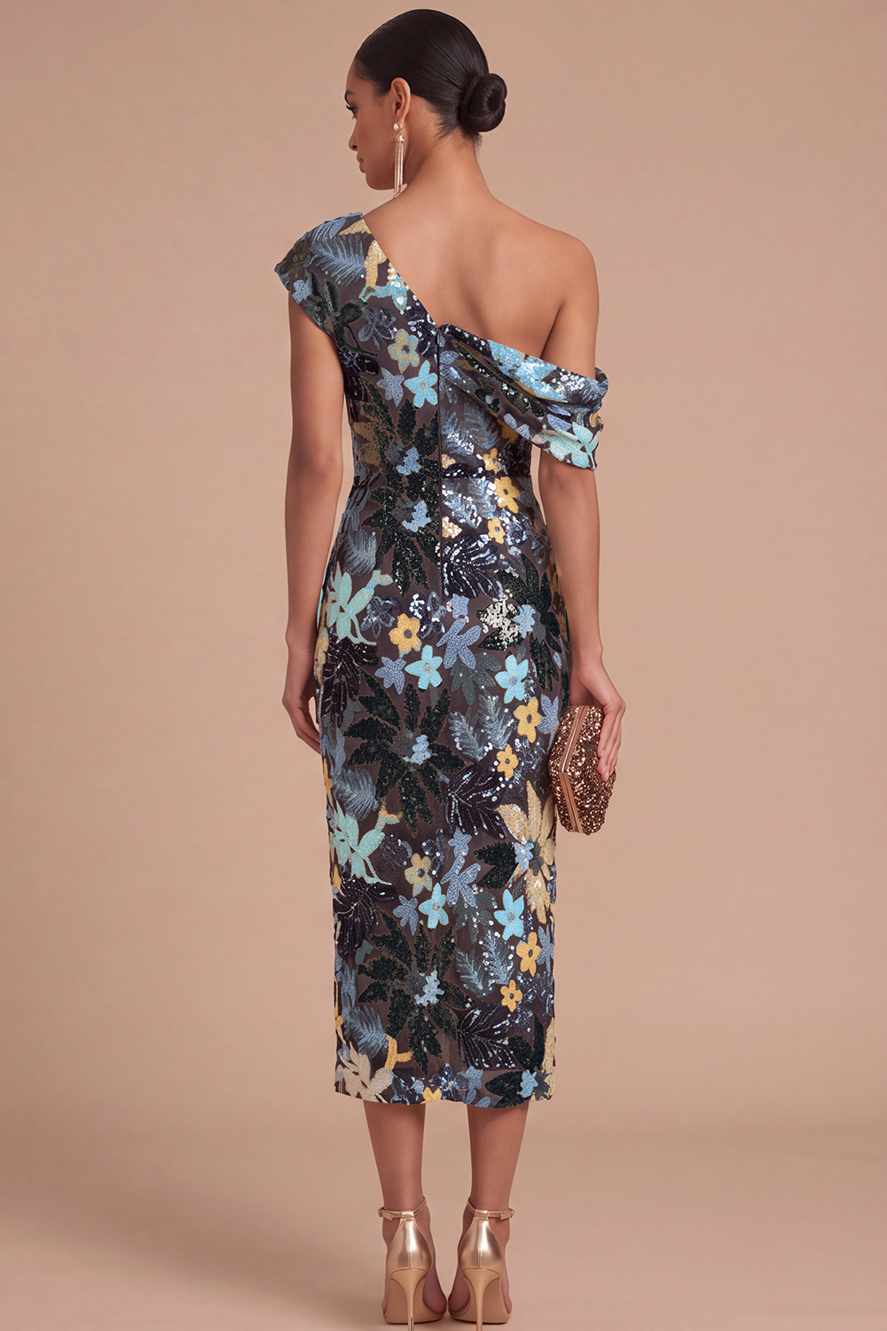 Floral Sparkly Sequins Black Asymmetrical Neck Mermaid Midi Formal Dress
