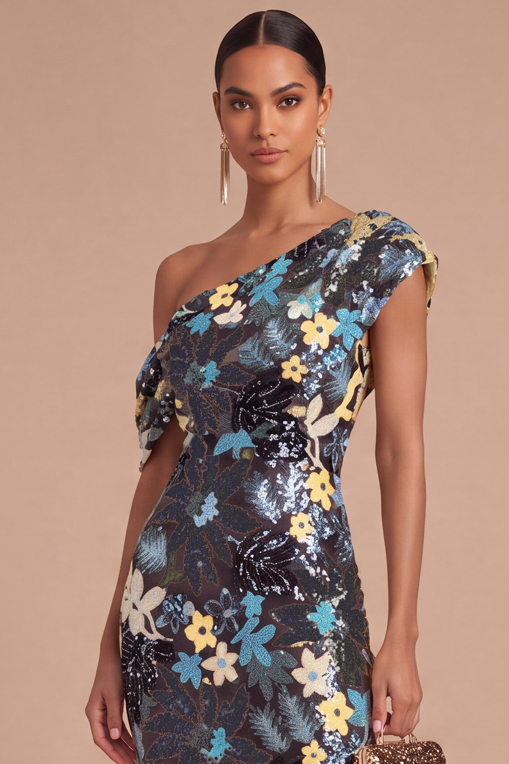 Floral Sparkly Sequins Black Asymmetrical Neck Mermaid Midi Formal Dress