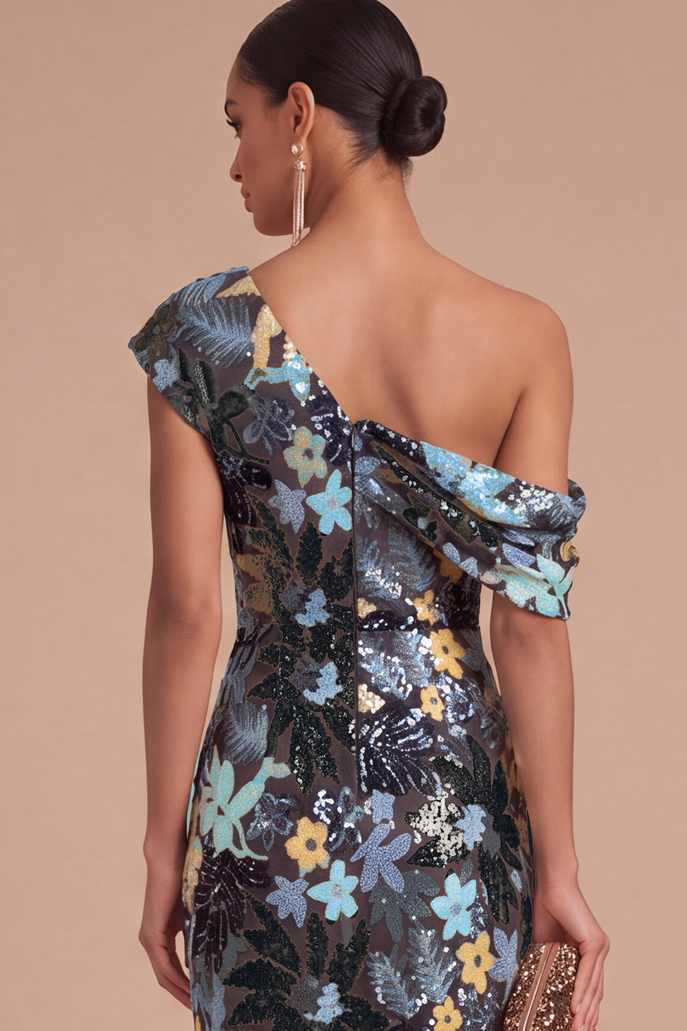 Floral Sparkly Sequins Black Asymmetrical Neck Mermaid Midi Formal Dress