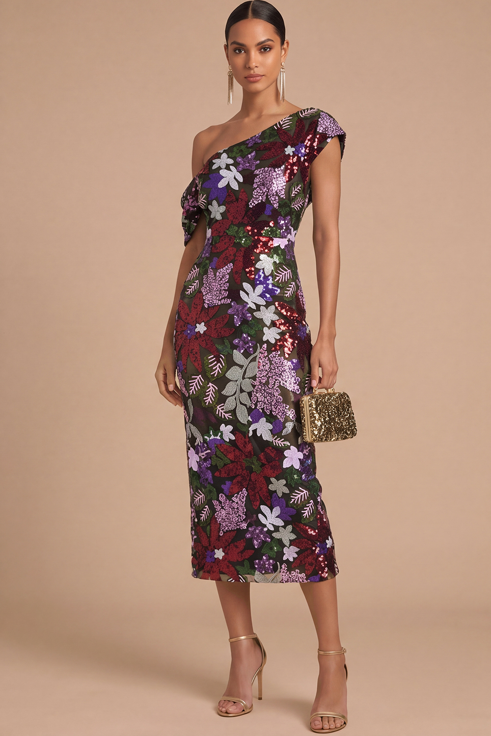 Floral Sparkly Sequins Black Asymmetrical Neck Mermaid Midi Formal Dress