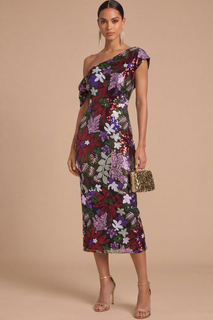 Floral Sparkly Sequins Black Asymmetrical Neck Mermaid Midi Formal Dress