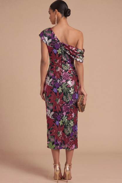 Floral Sparkly Sequins Black Asymmetrical Neck Mermaid Midi Formal Dress