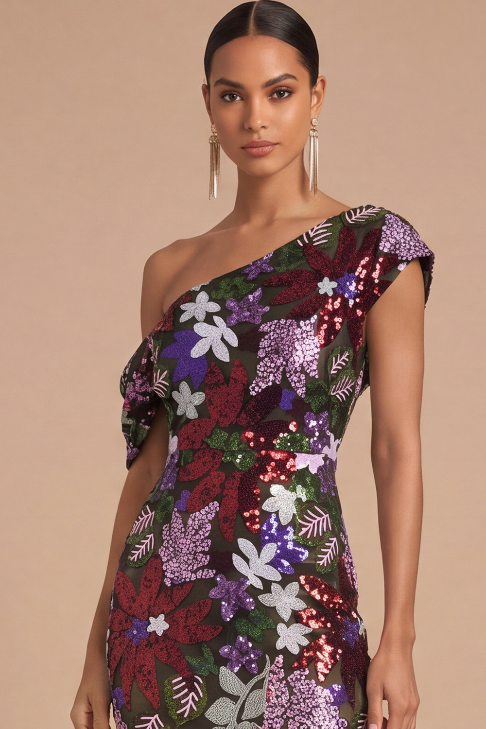 Floral Sparkly Sequins Black Asymmetrical Neck Mermaid Midi Formal Dress