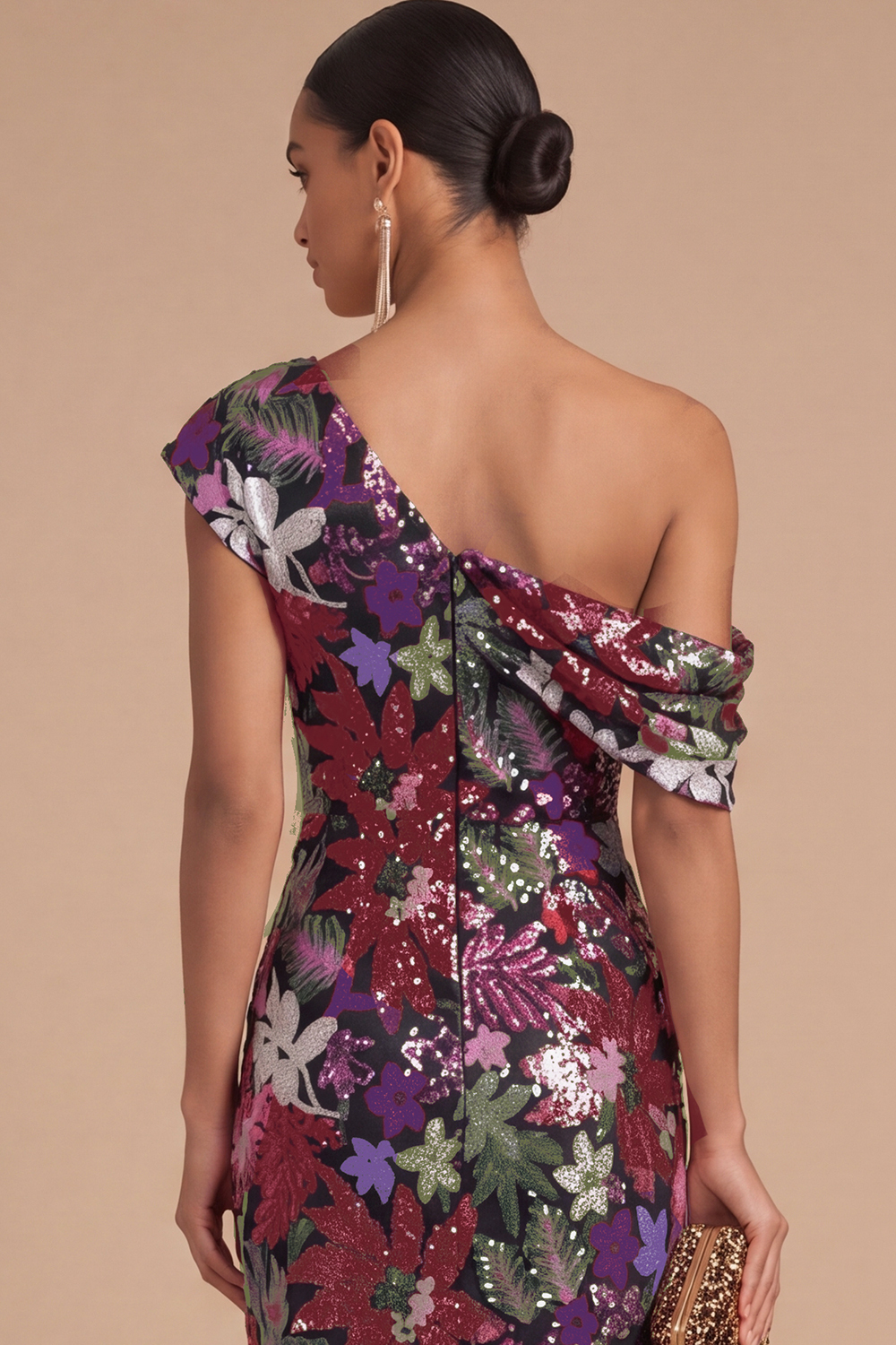 Floral Sparkly Sequins Black Asymmetrical Neck Mermaid Midi Formal Dress