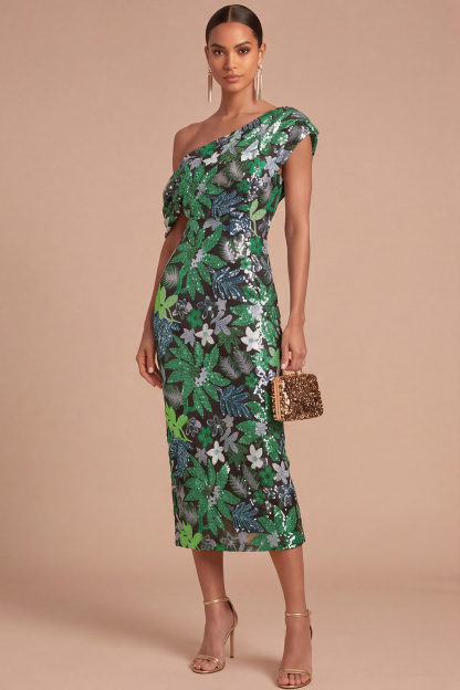 Floral Sparkly Sequins Black Asymmetrical Neck Mermaid Midi Formal Dress