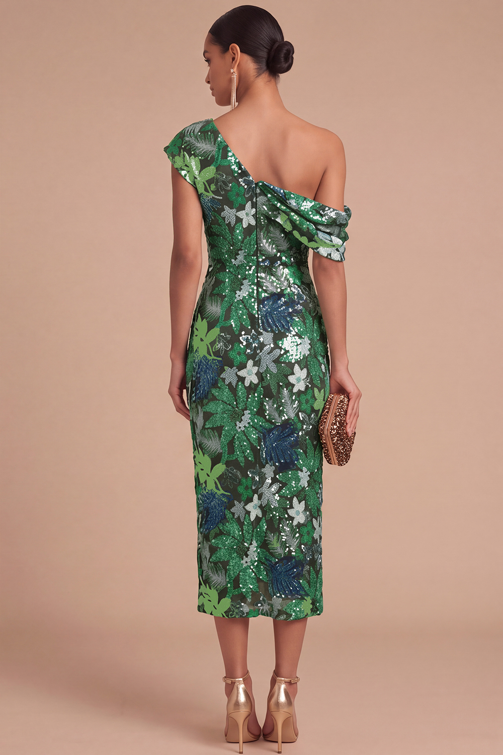 Floral Sparkly Sequins Black Asymmetrical Neck Mermaid Midi Formal Dress