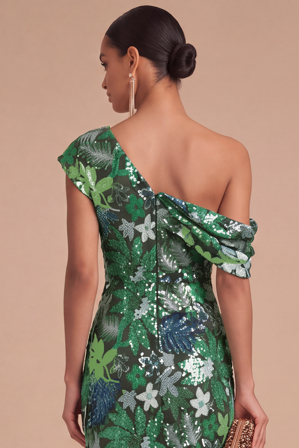 Floral Sparkly Sequins Black Asymmetrical Neck Mermaid Midi Formal Dress
