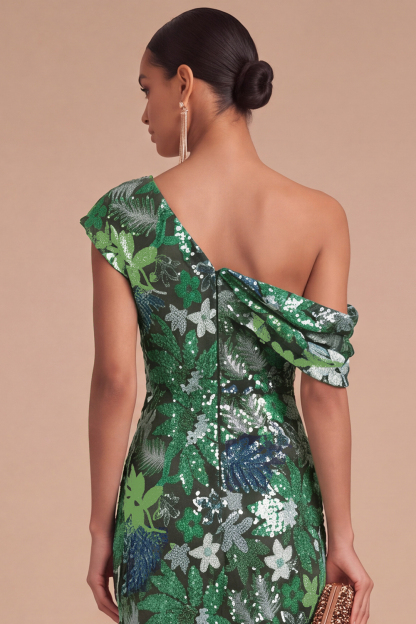 Floral Sparkly Sequins Black Asymmetrical Neck Mermaid Midi Formal Dress