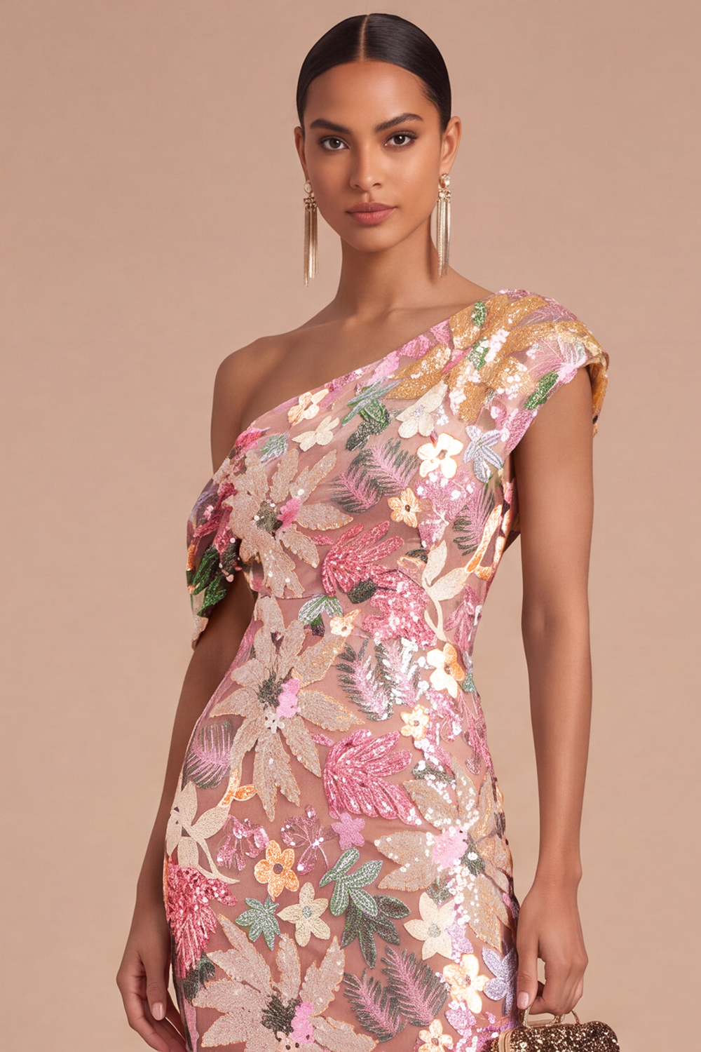 Floral Sparkly Sequins Black Asymmetrical Neck Mermaid Midi Formal Dress