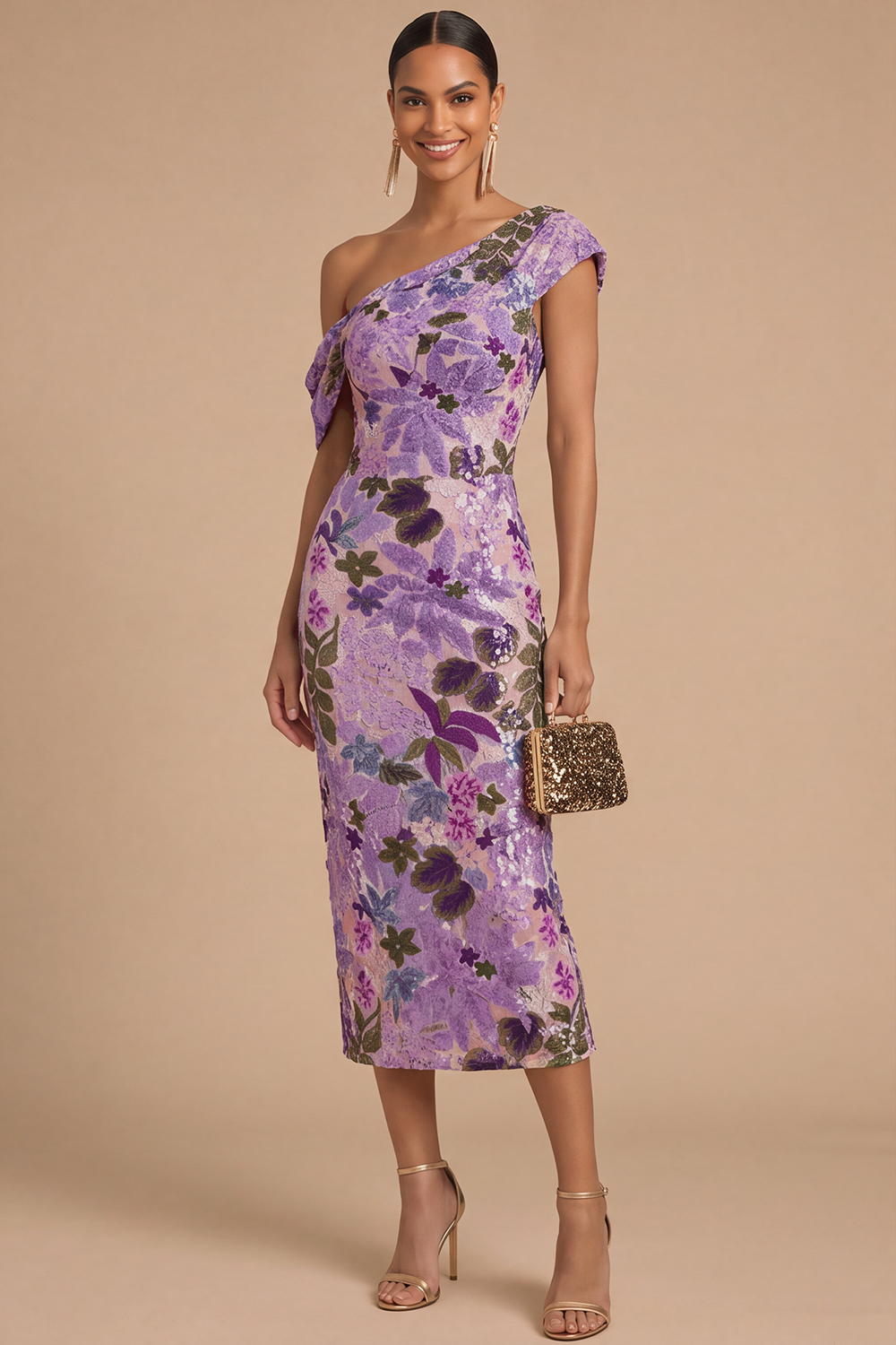 Floral Sparkly Sequins Black Asymmetrical Neck Mermaid Midi Formal Dress