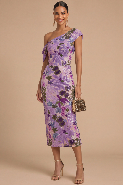 Floral Sparkly Sequins Black Asymmetrical Neck Mermaid Midi Formal Dress