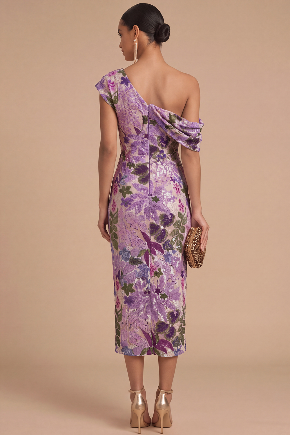 Floral Sparkly Sequins Black Asymmetrical Neck Mermaid Midi Formal Dress