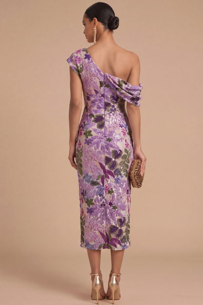 Floral Sparkly Sequins Black Asymmetrical Neck Mermaid Midi Formal Dress