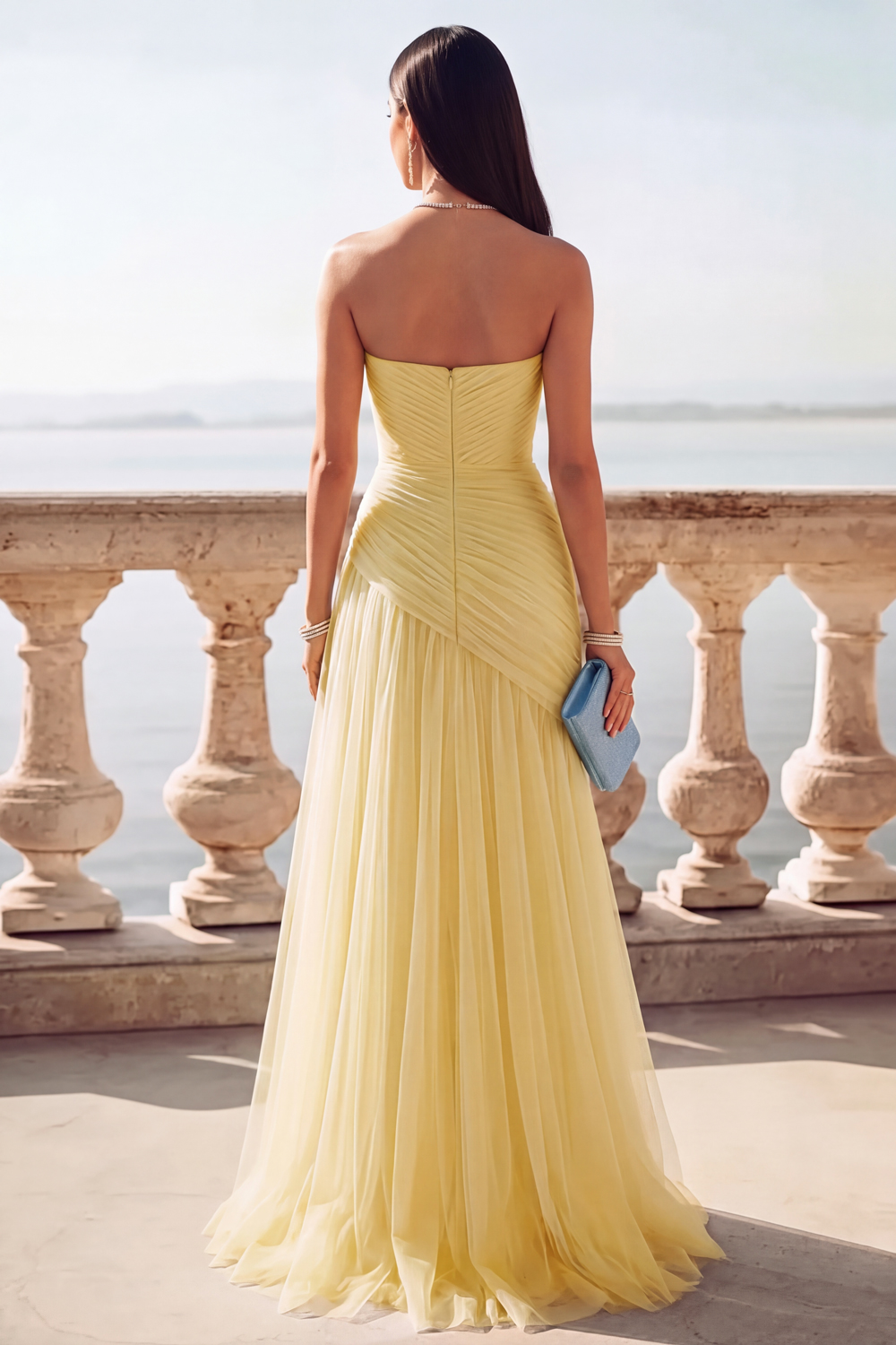 Light Blue Ruched Tulle Strapless Long Wedding Guest Dress with Slit